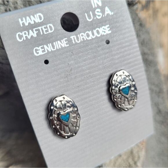 New! Genuine Turquoise Stud Southwestern Heart Style Earrings - Picture 2 of 3